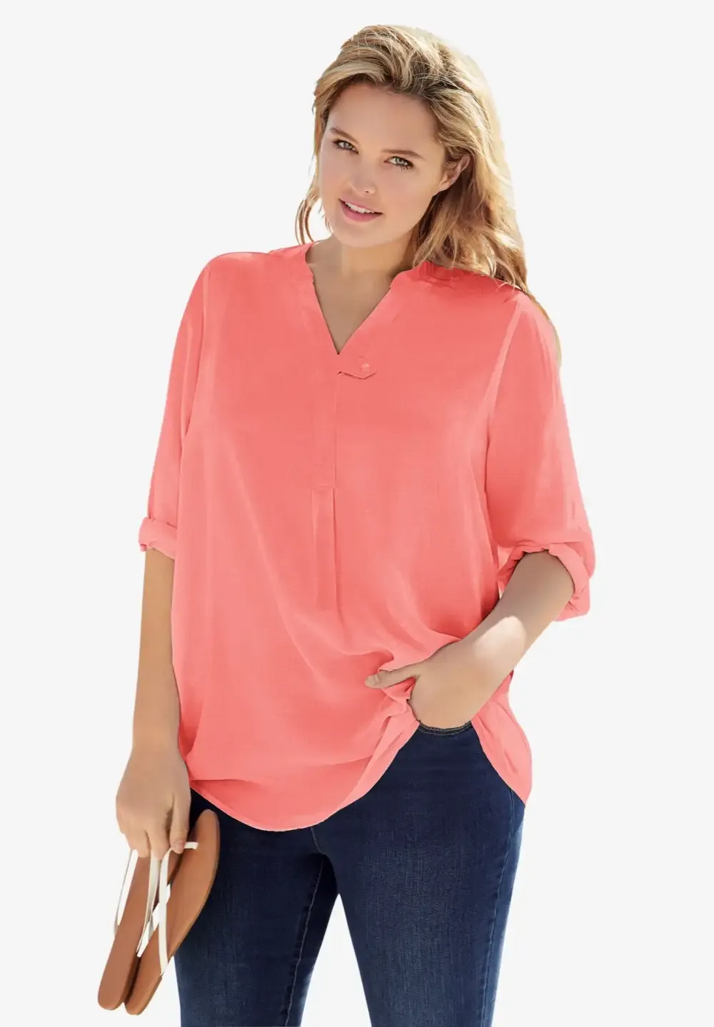 Rayon 7-Day Three-Quarter Sleeve Tab-Front Tunic