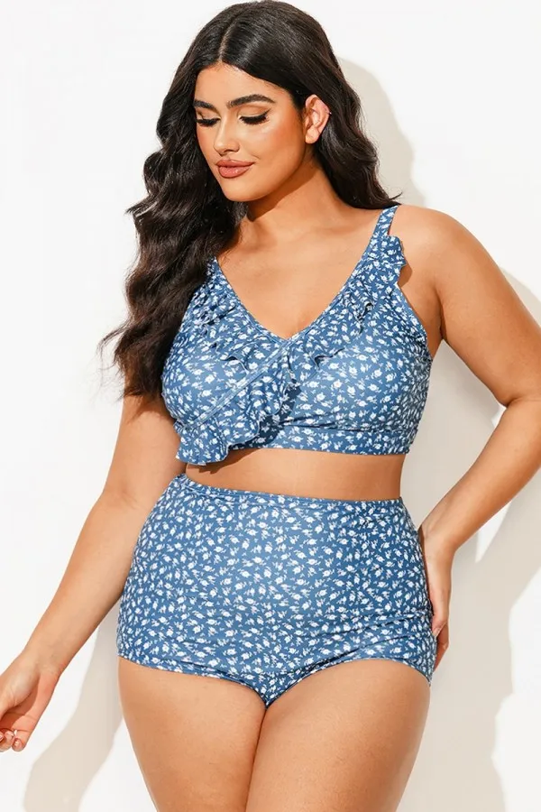 Plus Size Floral Print With Frill Details Elegant Bikini Top