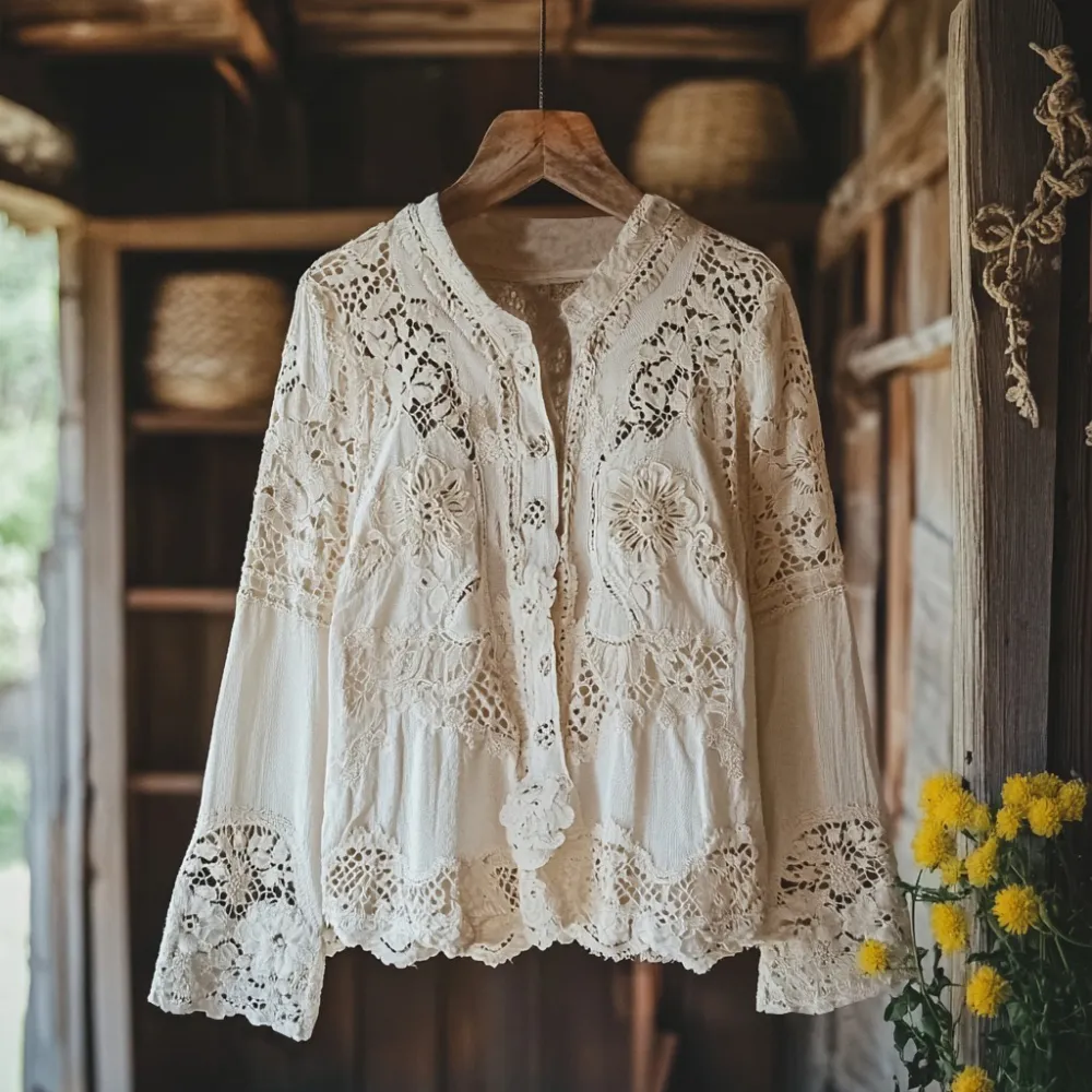 Women's Retro Floral Lace Embroidery Art V-neck Shirt