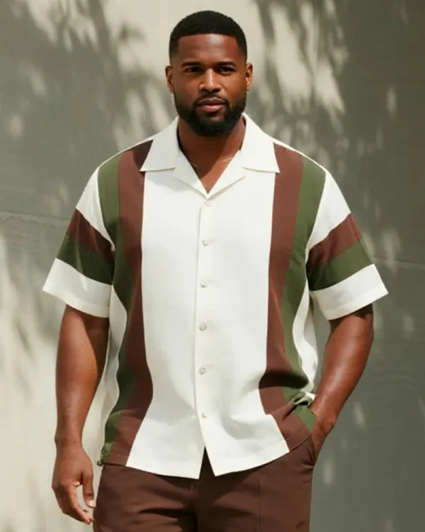 Big & Tall Men's Business Contrast Striped Print Short Sleeve Shirt and Pants Suit