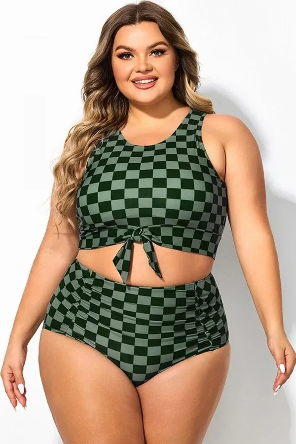 Black Grey Check Knotted Crop Bikini Top
