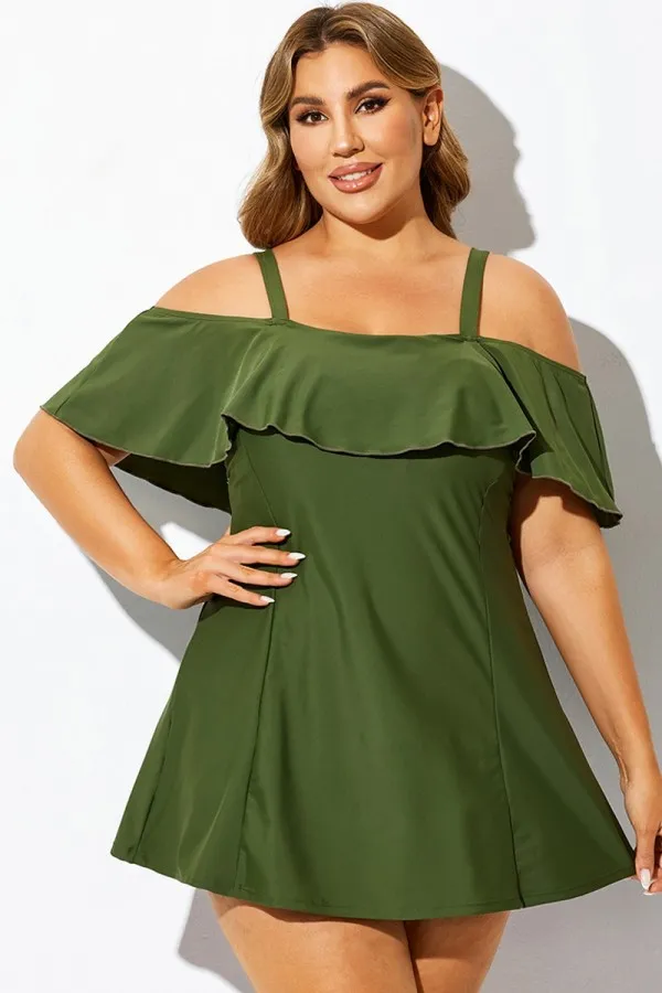 Solid Green Square Neck Off-the-Shoulder Swimdress