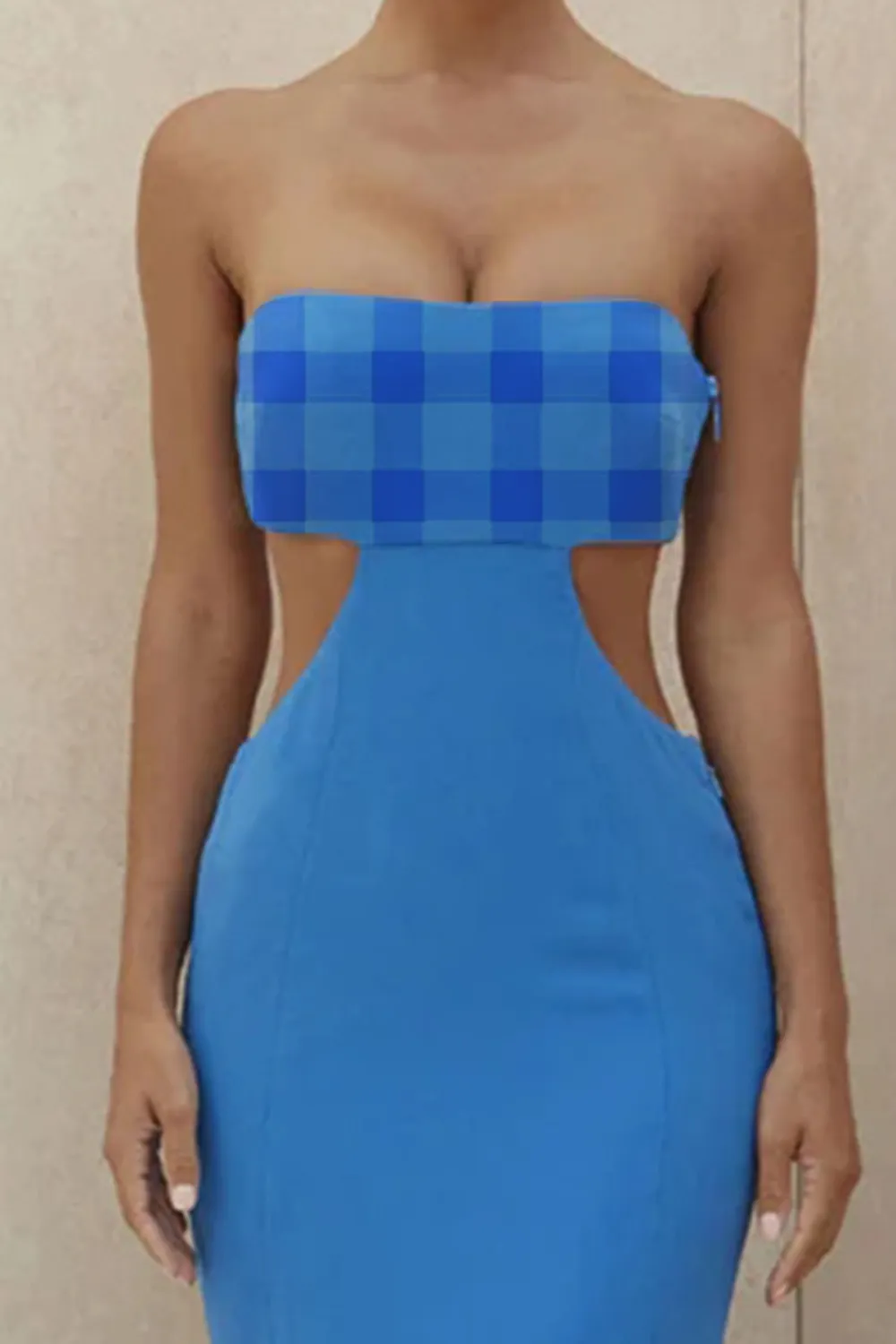 Charming Strapless Cut Out High Slit Maxi Prom Formal Dress - Blue