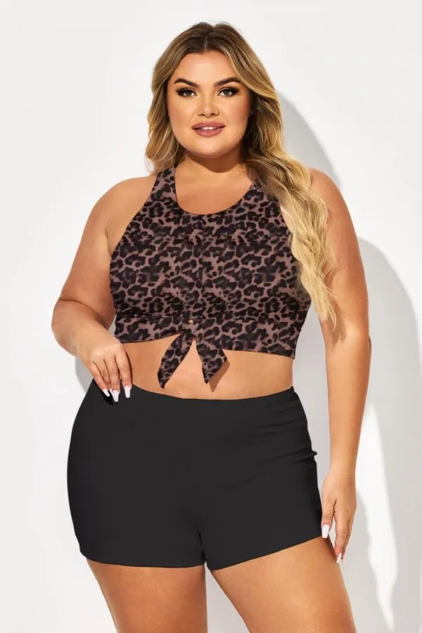 Dark Leopard Print Knotted Crop Bikini Top