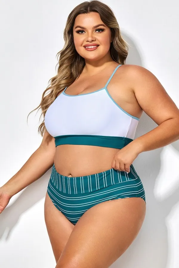 Teal Striped Women Bikini Top