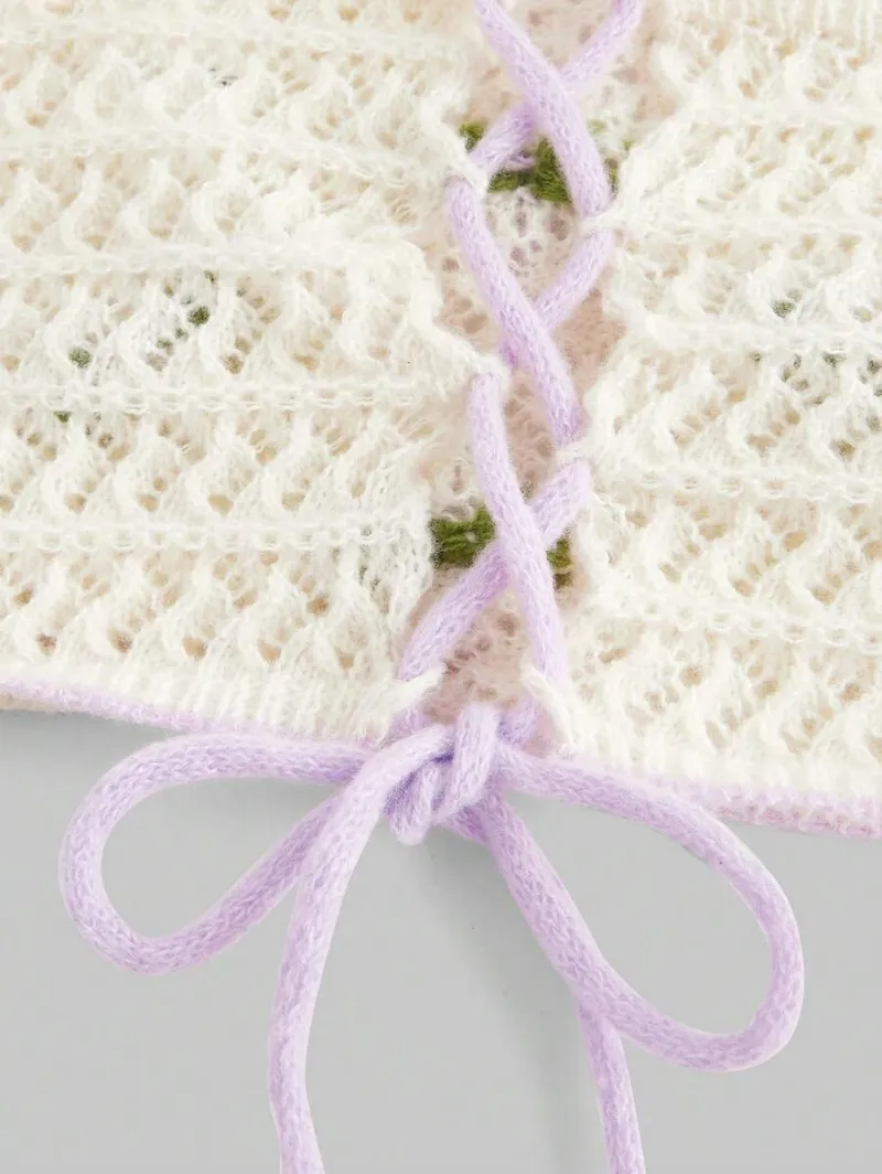 Kawaii Women Halter Crochet Knitted Top With 3D Flower Embroidery, Hollow Out