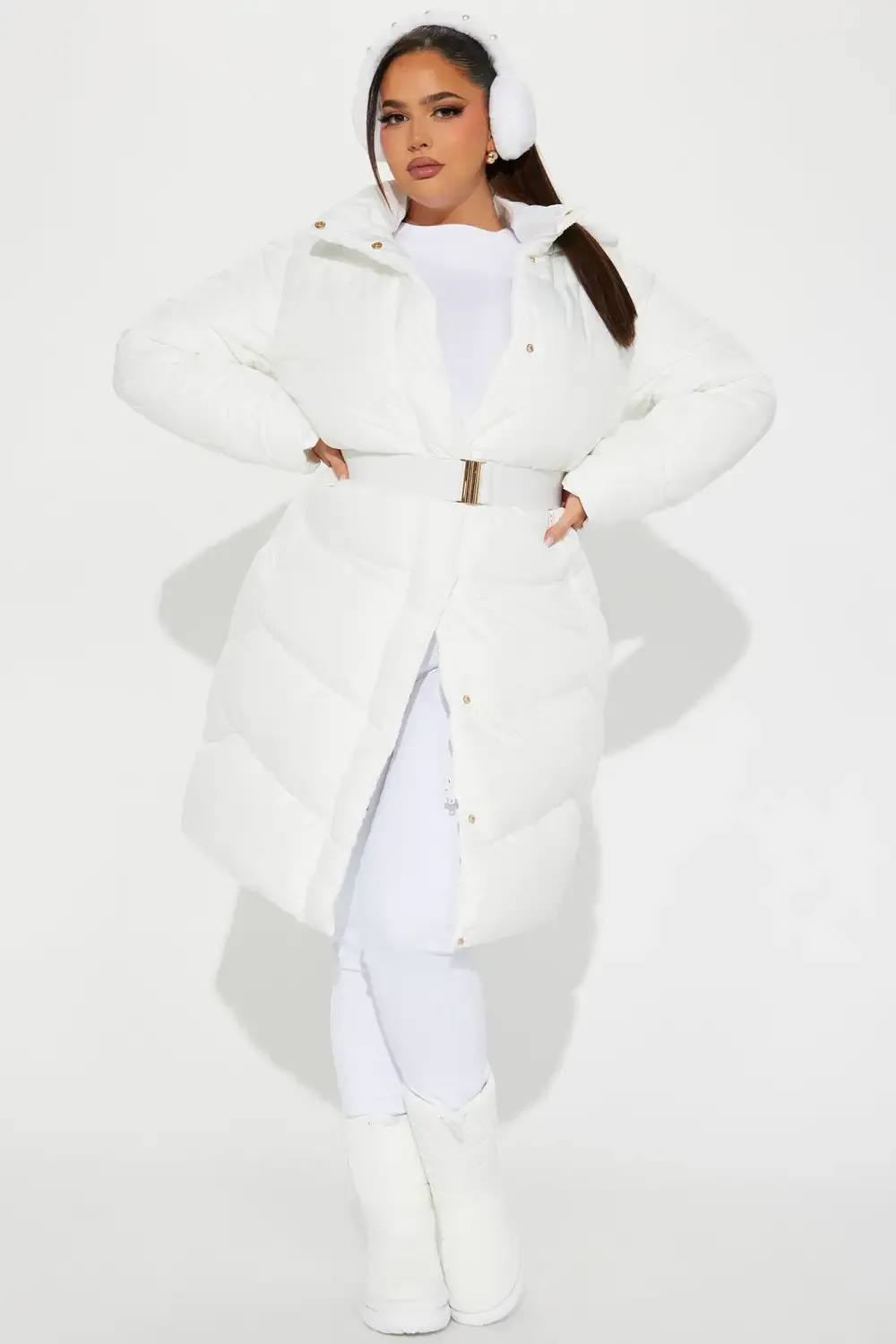 Snow Style Belted Puffer Jacket - White