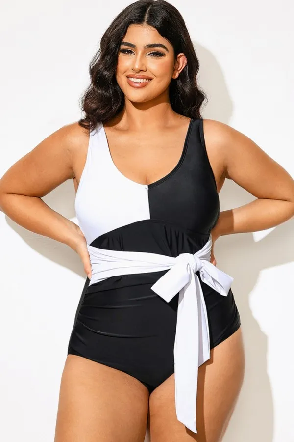 Black And White Adjustable Straps Self-tie One Piece Swimsuit