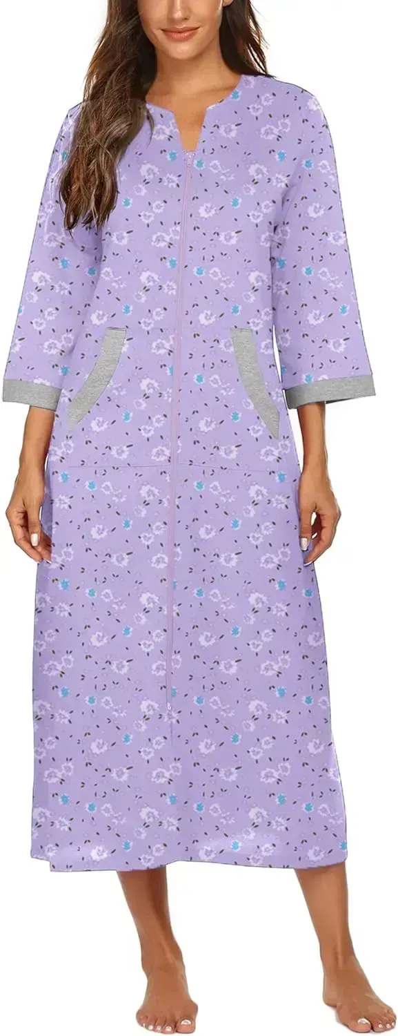 Women Zipper Robe 3/4 Sleeves Loungewear Dress Full Length Sleepwear Pockets Housecoat Nightgown Long Bathrobe