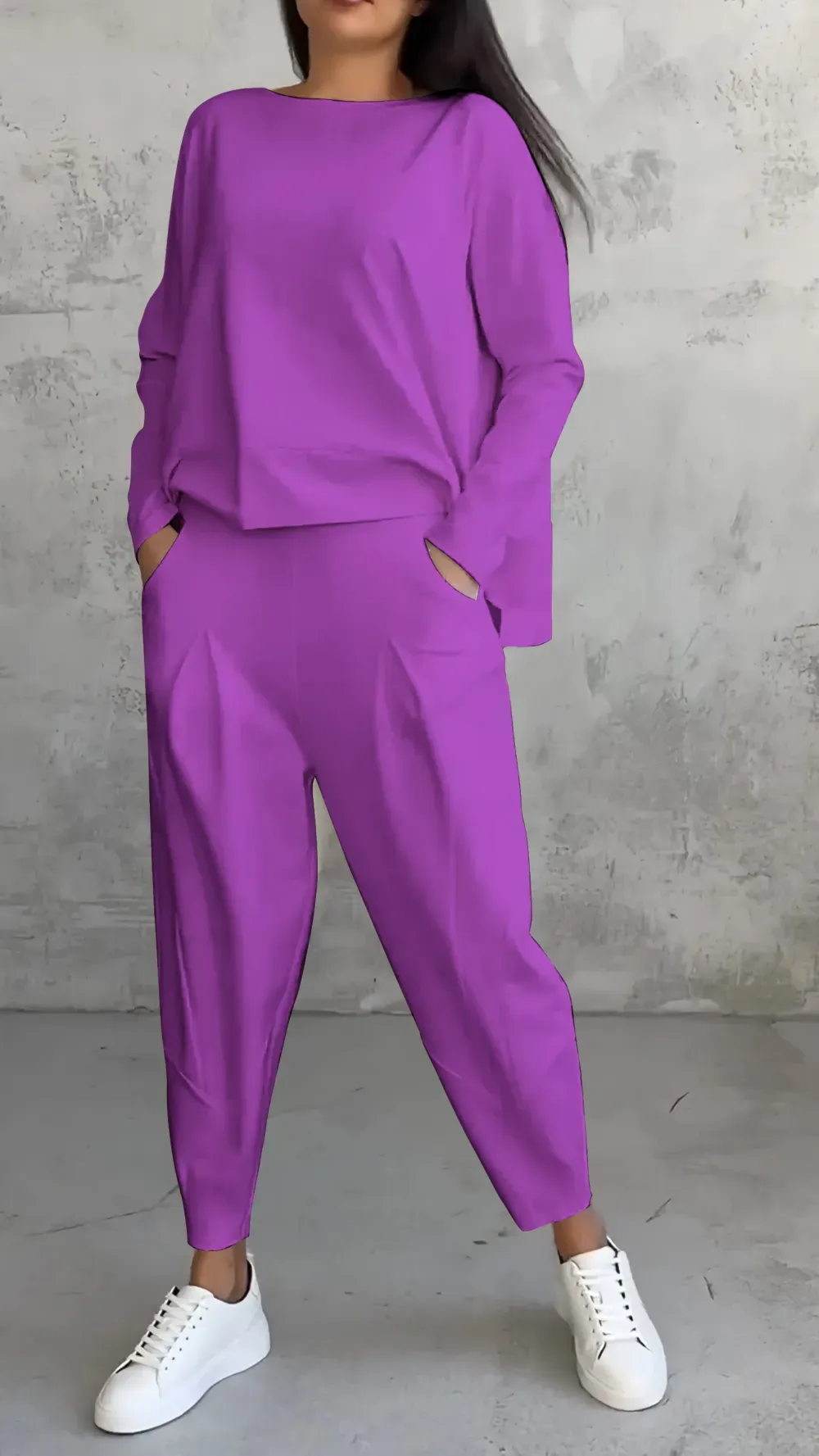 Women Chic Casual Round Neck Long Sleeve Two Piece Suit