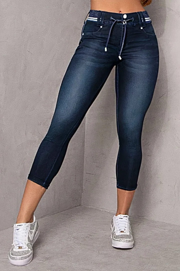 Wash Contrast Binding Double Button Drawstring Mid Waist Capri Jeans