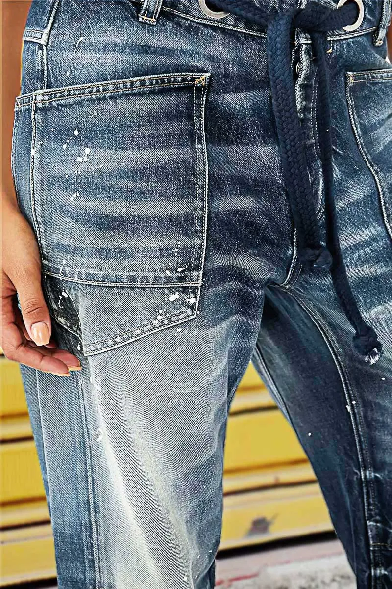 Drawstring Grommet Eyelet Mid Waist Barrel Jeans