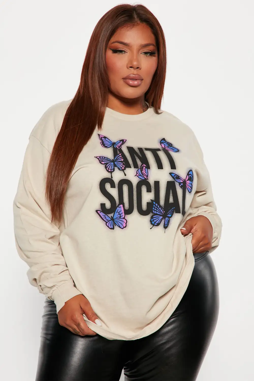 Remaining Anti Social Butterfly Long Sleeve Top - Taupe