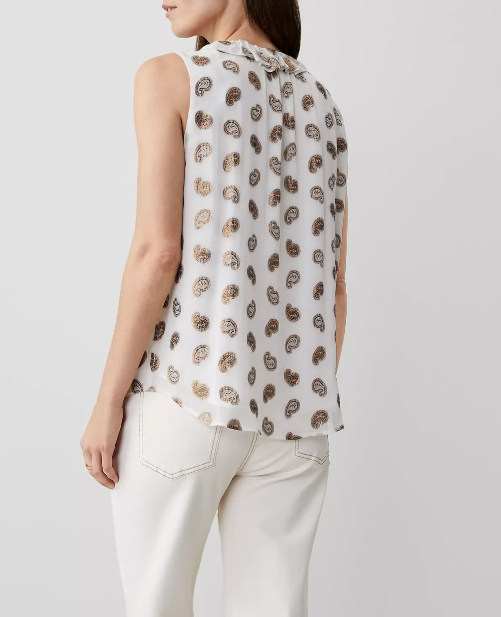 Metallic Paisley Clip Ruffle Neck Popover