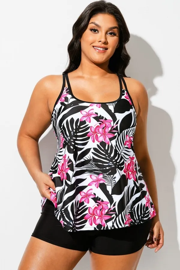 Tropical Print Square Neck Adjustable Strap Tankini Top
