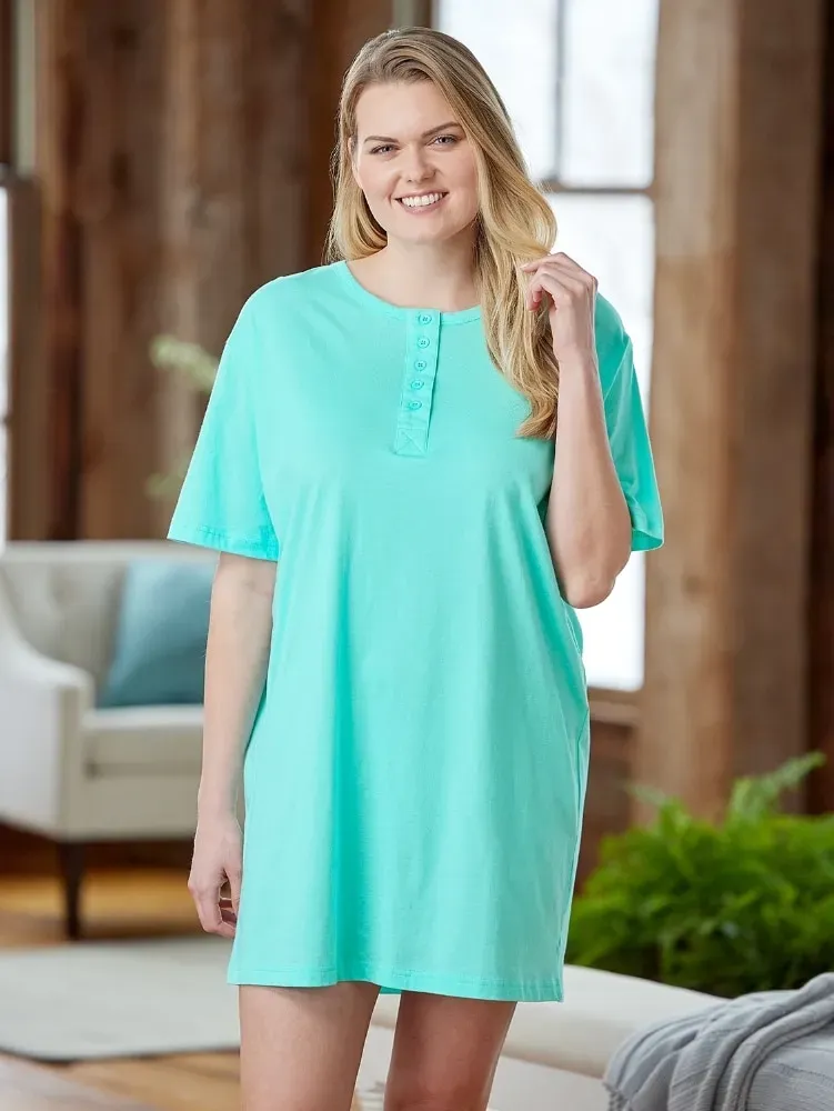 Comfort Knit Jersey Knit Henley-Style Shortie Nightgown