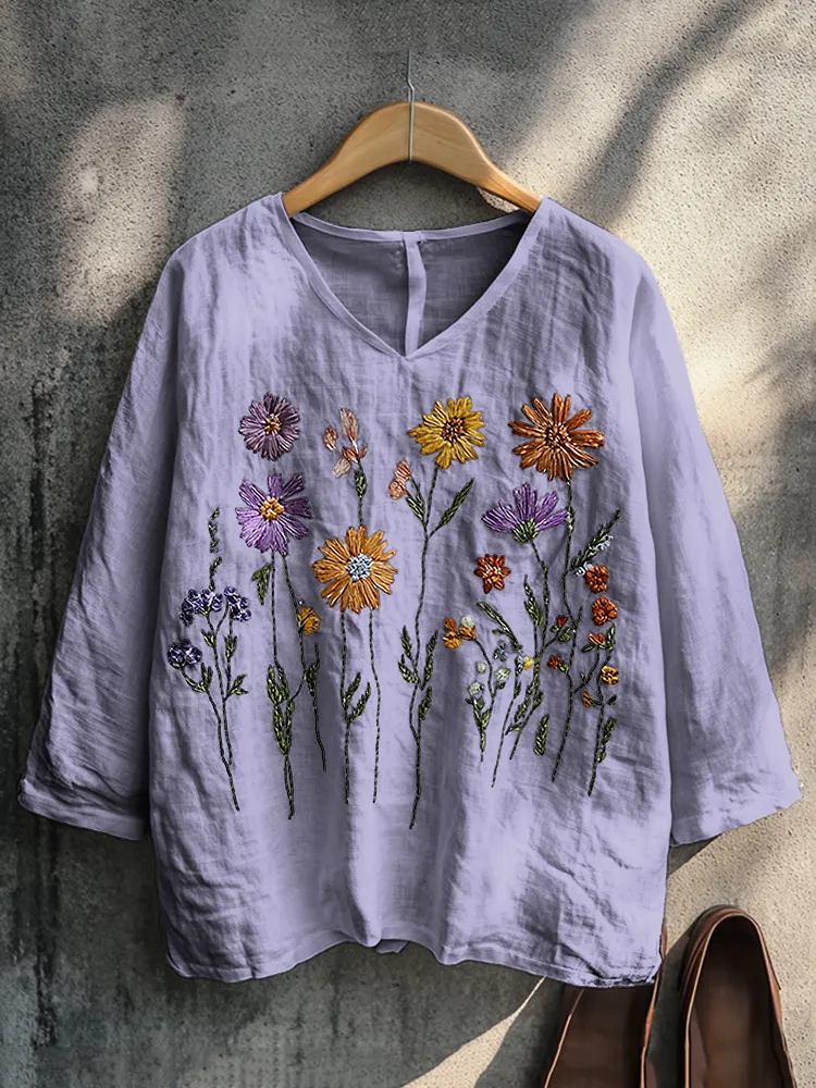 Boho Floral Embroidery Print Cotton And Linen Blend Loose Blouse