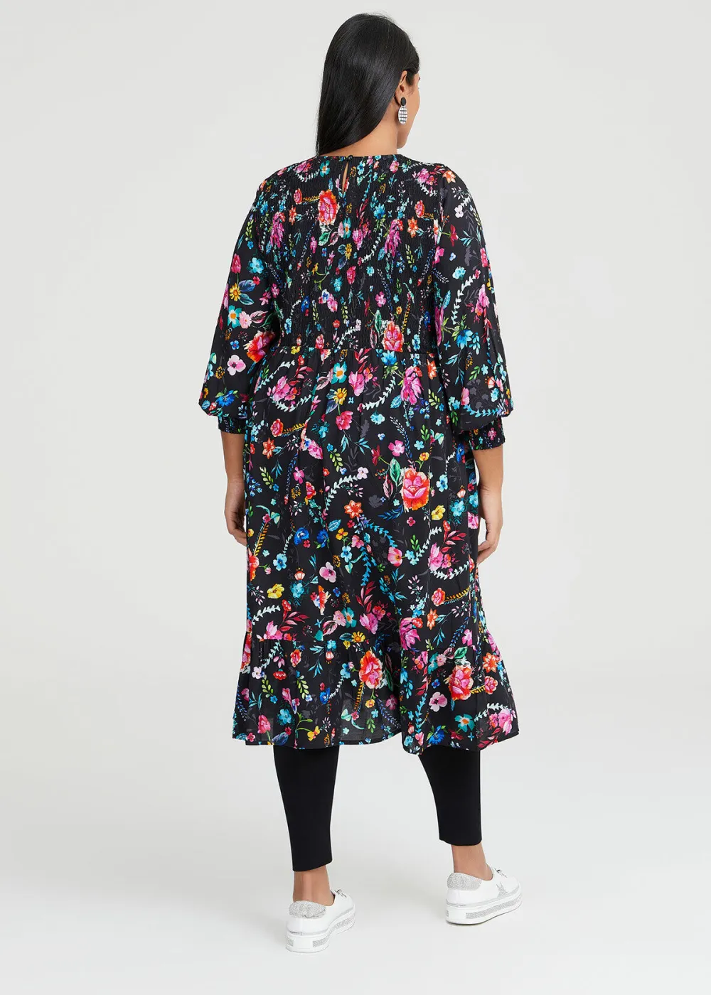 Natural Shirred Floral Dress