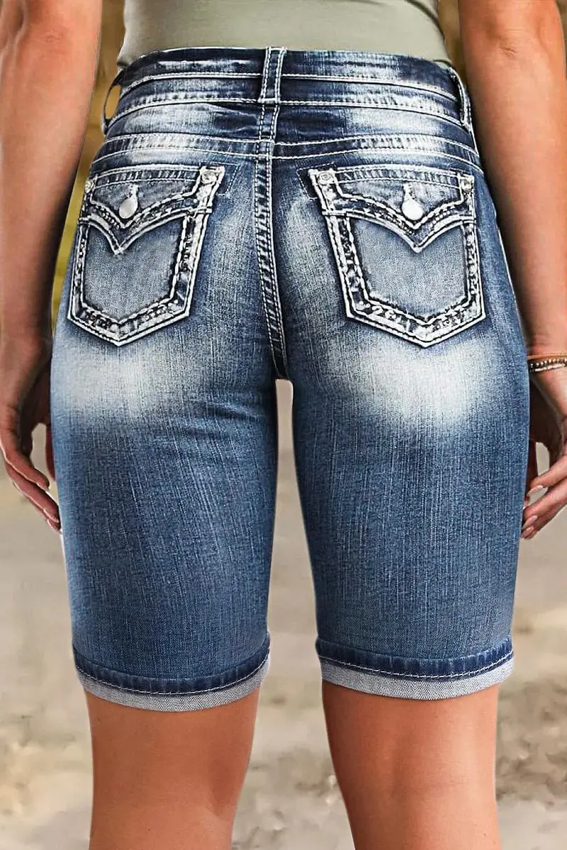 Ripped Roll Hem Double Button Mid Waist Denim Bermuda Shorts