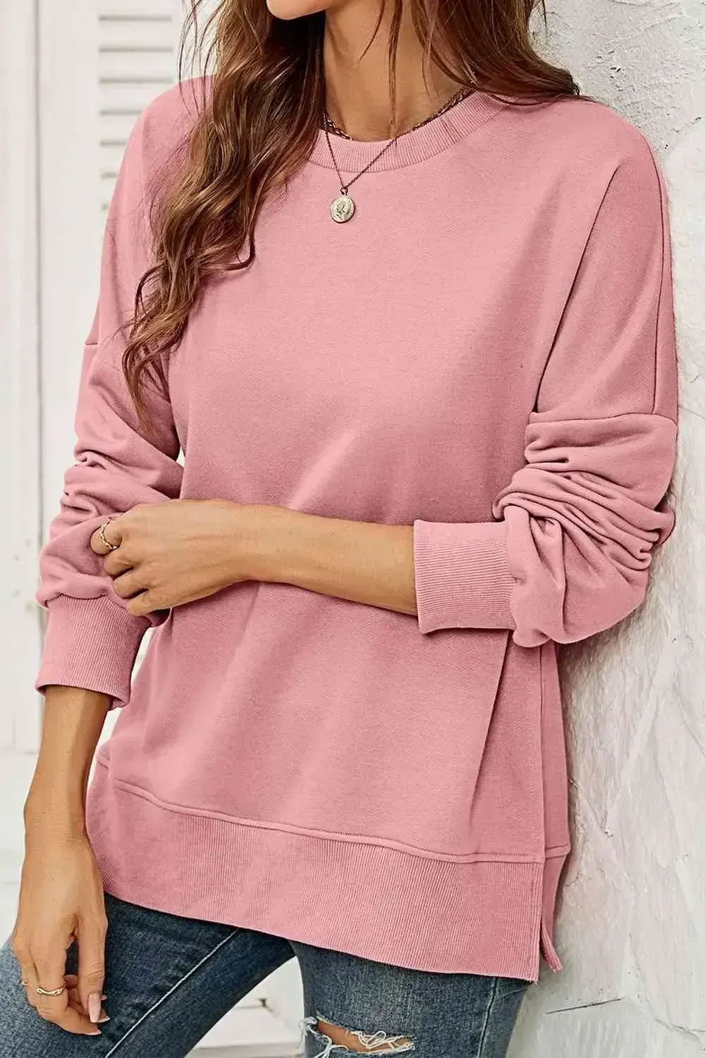 Round Neck  Dropped Shoulder Slit Sweatshirt AC