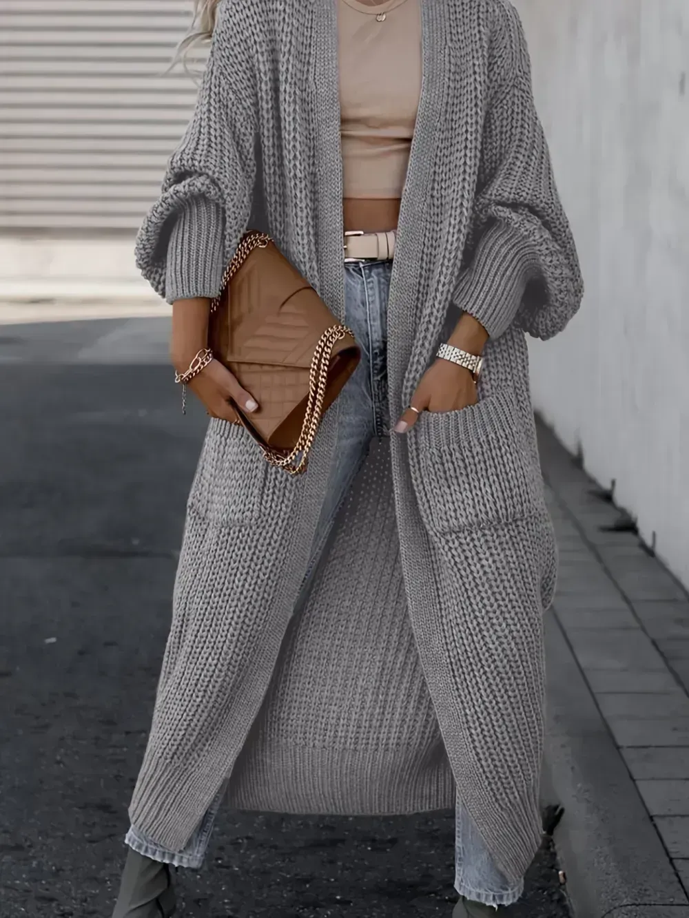 Solid Open Front Pocket Cardigan, Casual Long Sleeve Long Length Sweater For Fall & Winter, Women's Clothing