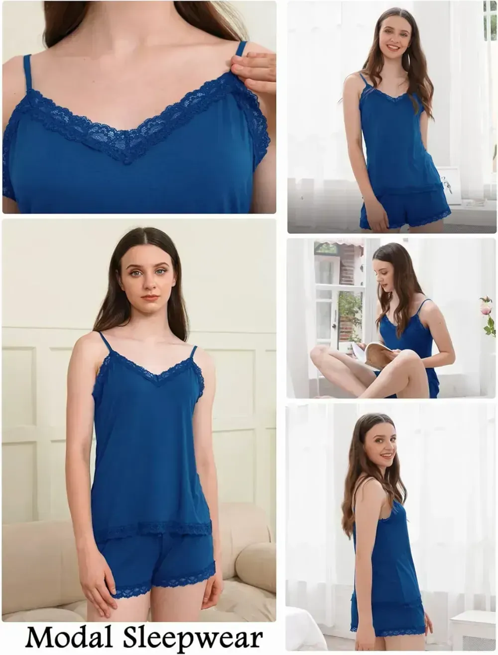 Women Cami Pajama Set Modal Sleepwear Lace Trim Short PJ Set with Shorts