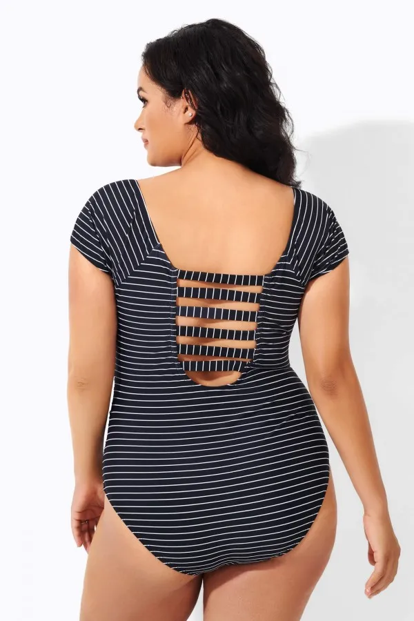 Stripes Round Neck Women One Piece Swimsuit