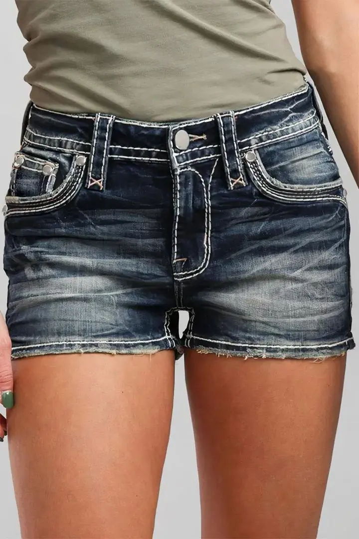 Wash Rhinestone Decor Flap Pocket Low Waist Denim Shorts