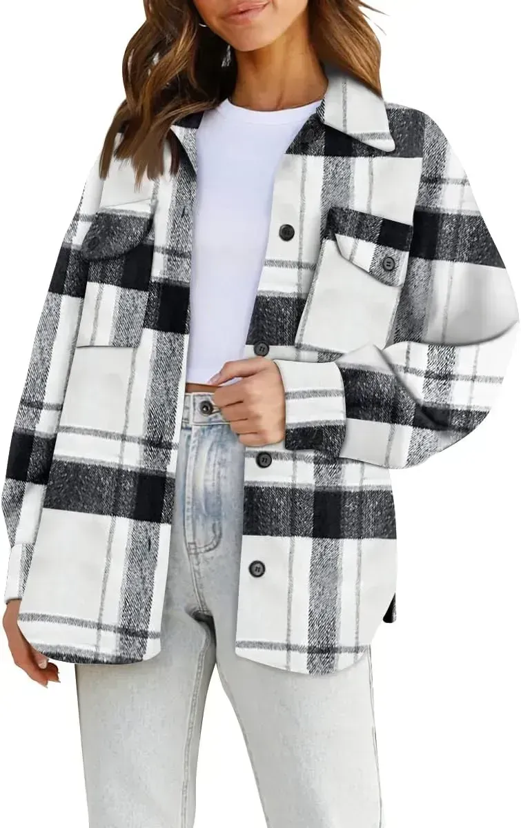 Womens Casual Plaid Shacket Button Down Long Sleeve Shirt