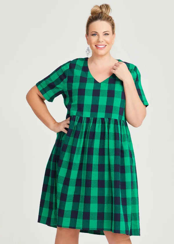 Cotton Check V-neck Dress