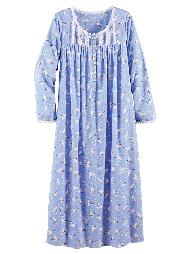 Lanz White Doves Cotton Flannel Nightgown