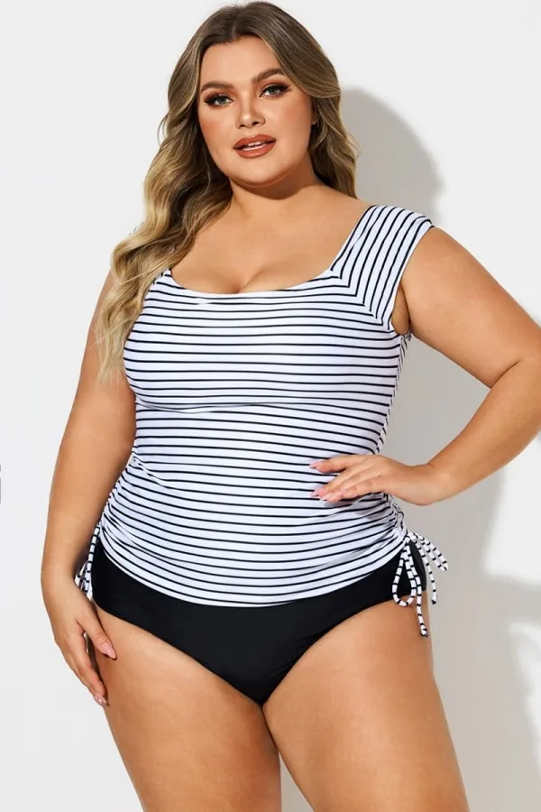 Black & White Stripes Tie Side Tankini Top