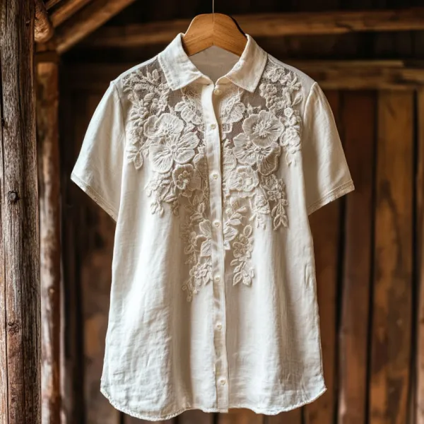 Women's Retro Floral Lace Embroidery Art Shirt