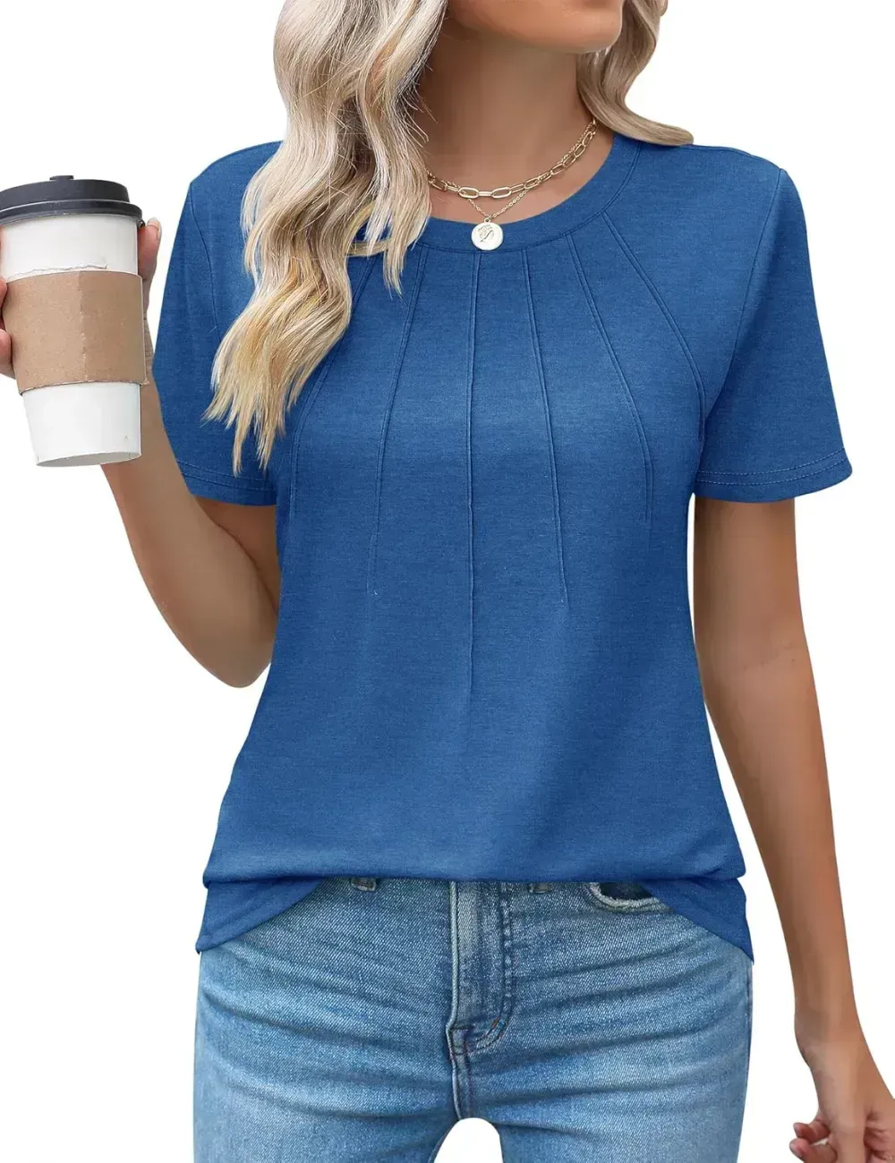 Kistore Womens Casual Crew Neck Short Sleeve Pleated Tops Blouses Fashion Clothes 2024