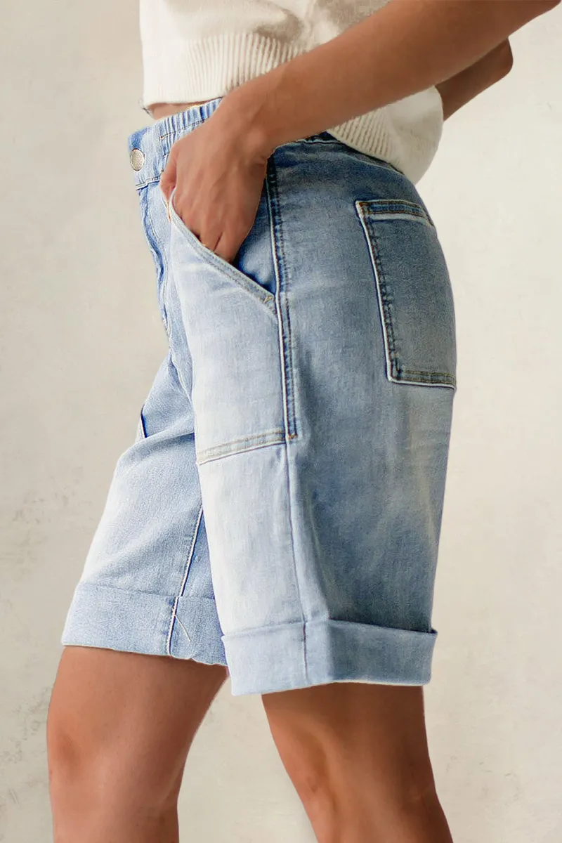Roll Hem Patch Pocket Elastic Mid Rise Denim Bermuda Shorts