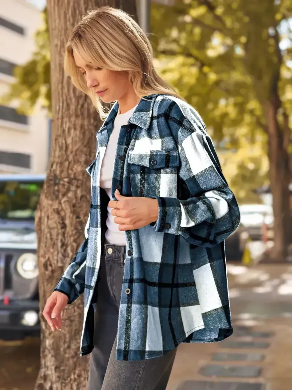 Womens Casual Plaid Shacket Button Down Long Sleeve Shirt