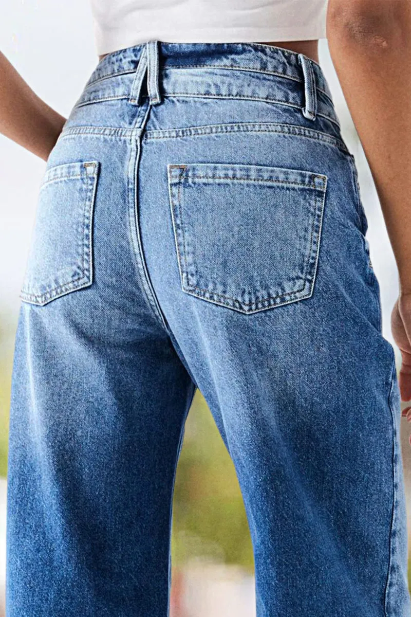 Double Button Wash High Waist Straight Leg Jeans