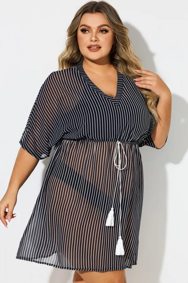 Plus Size Striped Tassel Tie Front Cover Up