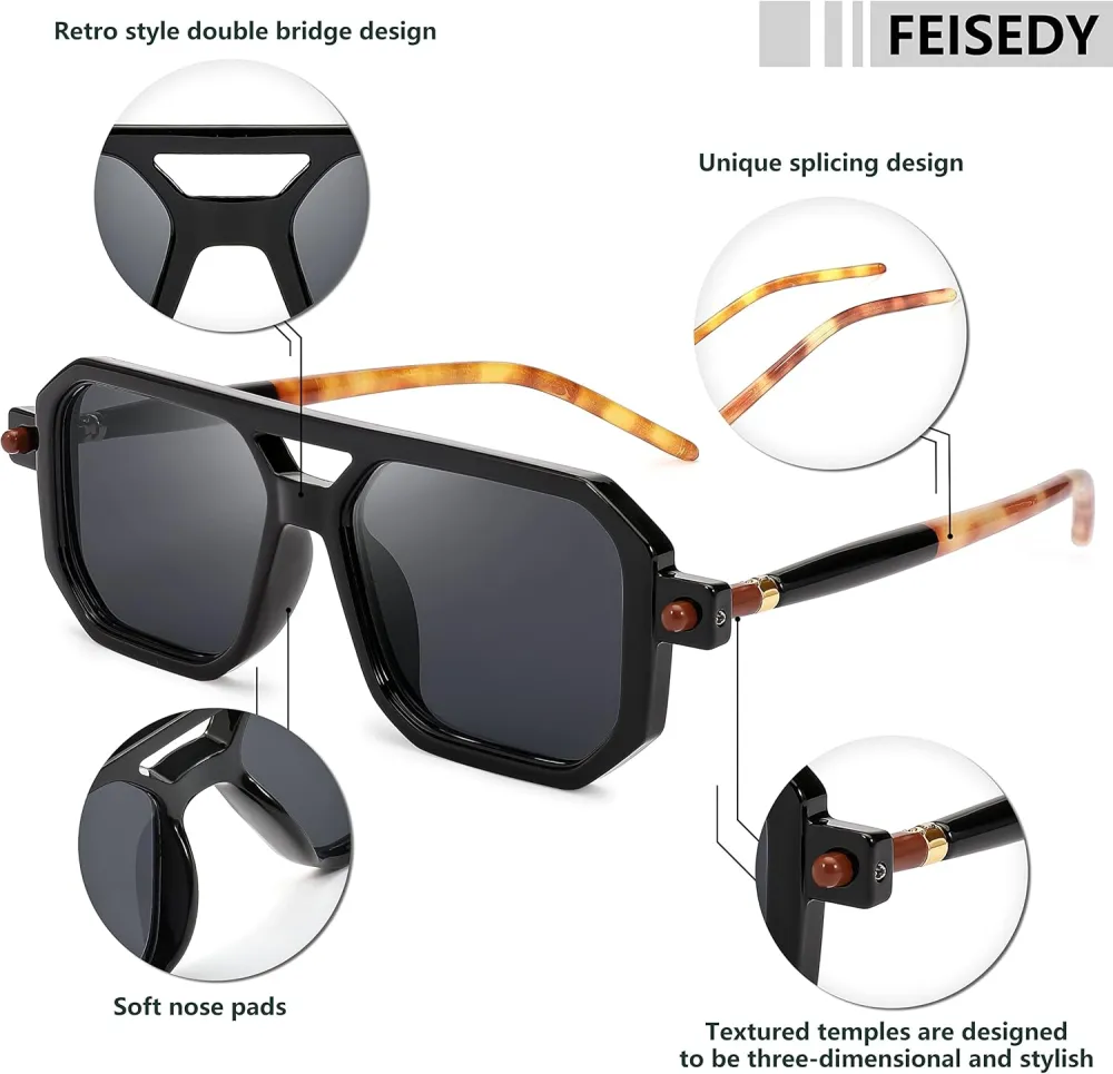 FEISEDY Vintage Square 70s Flat Aviator Sunglasses Women Men Classic Retro Stylish Frame UV400 Sunglasses B2622