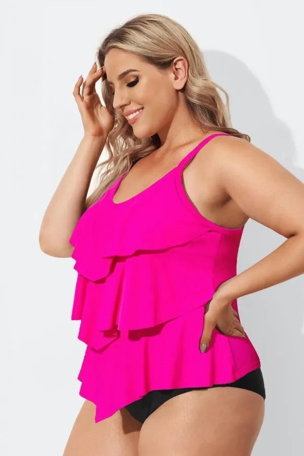 Plus Size Colorblock V-Neck Ruffle Women Tankini Top