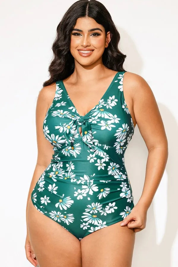 Plus Size Daisy Print Knotted Ruched One Piece Swimsuit