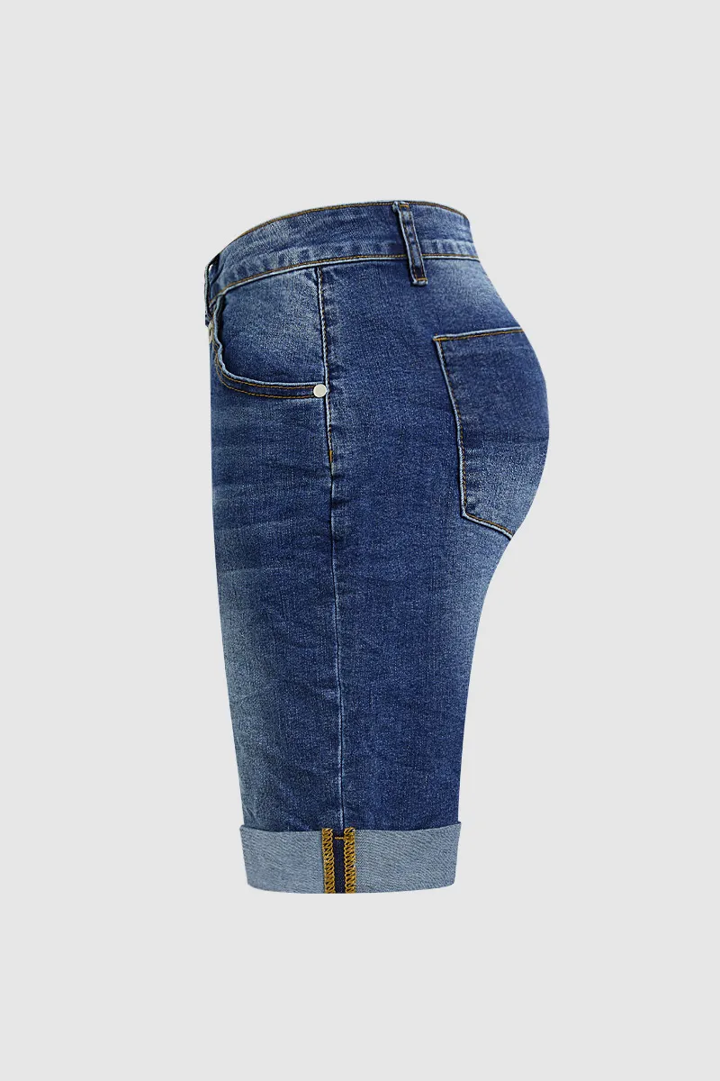 Wash Button Up Roll Hem High Waist Denim Mid Thigh Shorts