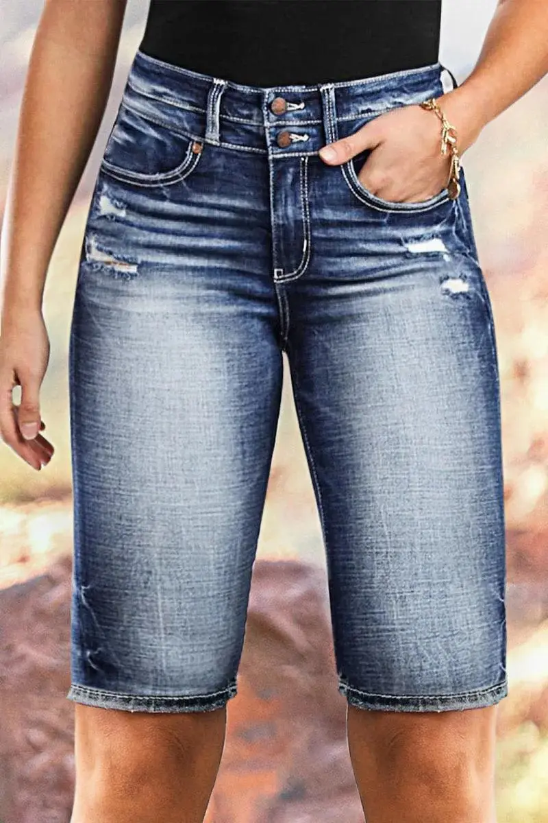 Wash Double Button Ripped High Rise Bermuda Denim Shorts