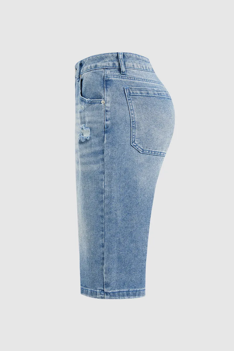 Ripped Mid Waist Straight Leg Capri Jeans