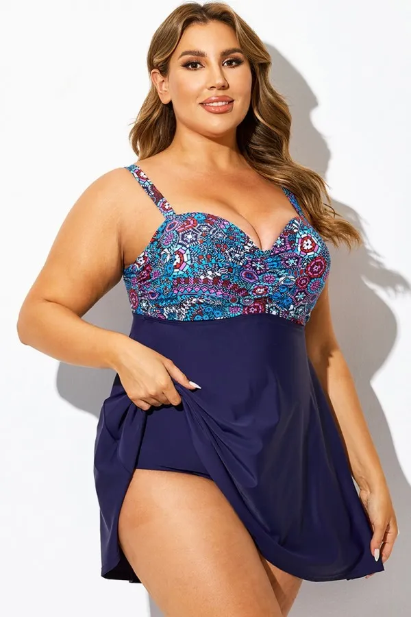 Plus Size Bohemian Multi Print V-Neck Swimdress