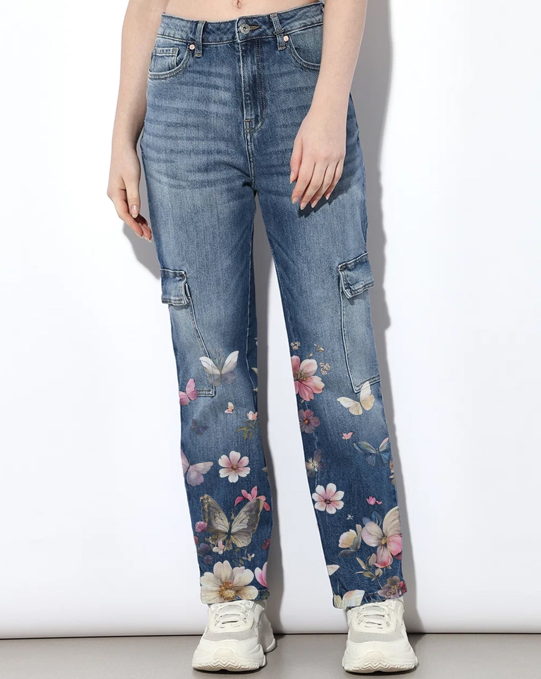 Blue High Rise Cargo Jeans with Floral Embroidery