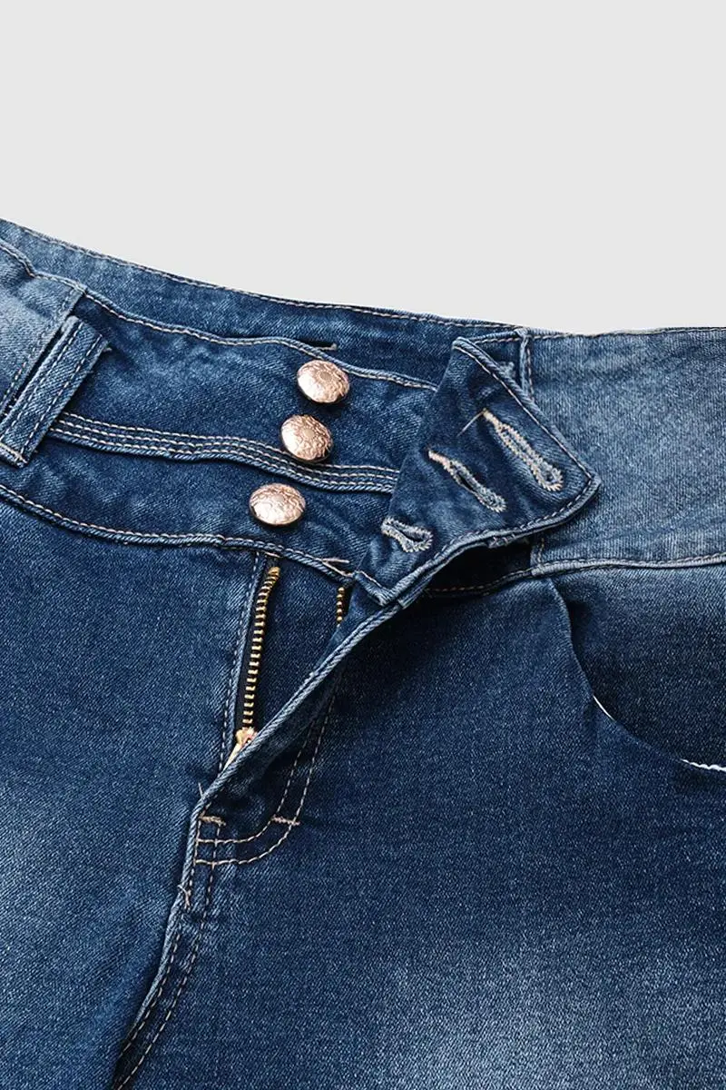 Button Fly Lace Up Side Mid Thigh Denim Shorts