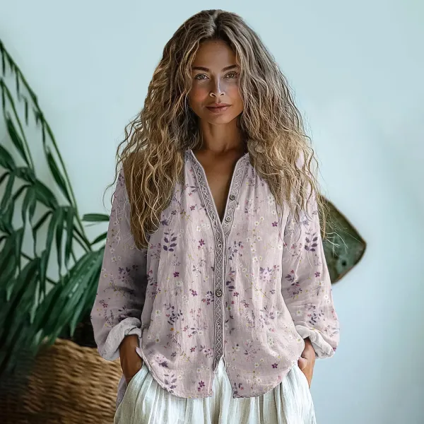 Vintage Wildflowers Floral Art Linen Print Long Sleeve Shirt