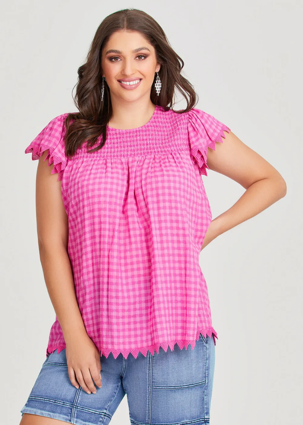 Natural Lace Trim Gingham Top