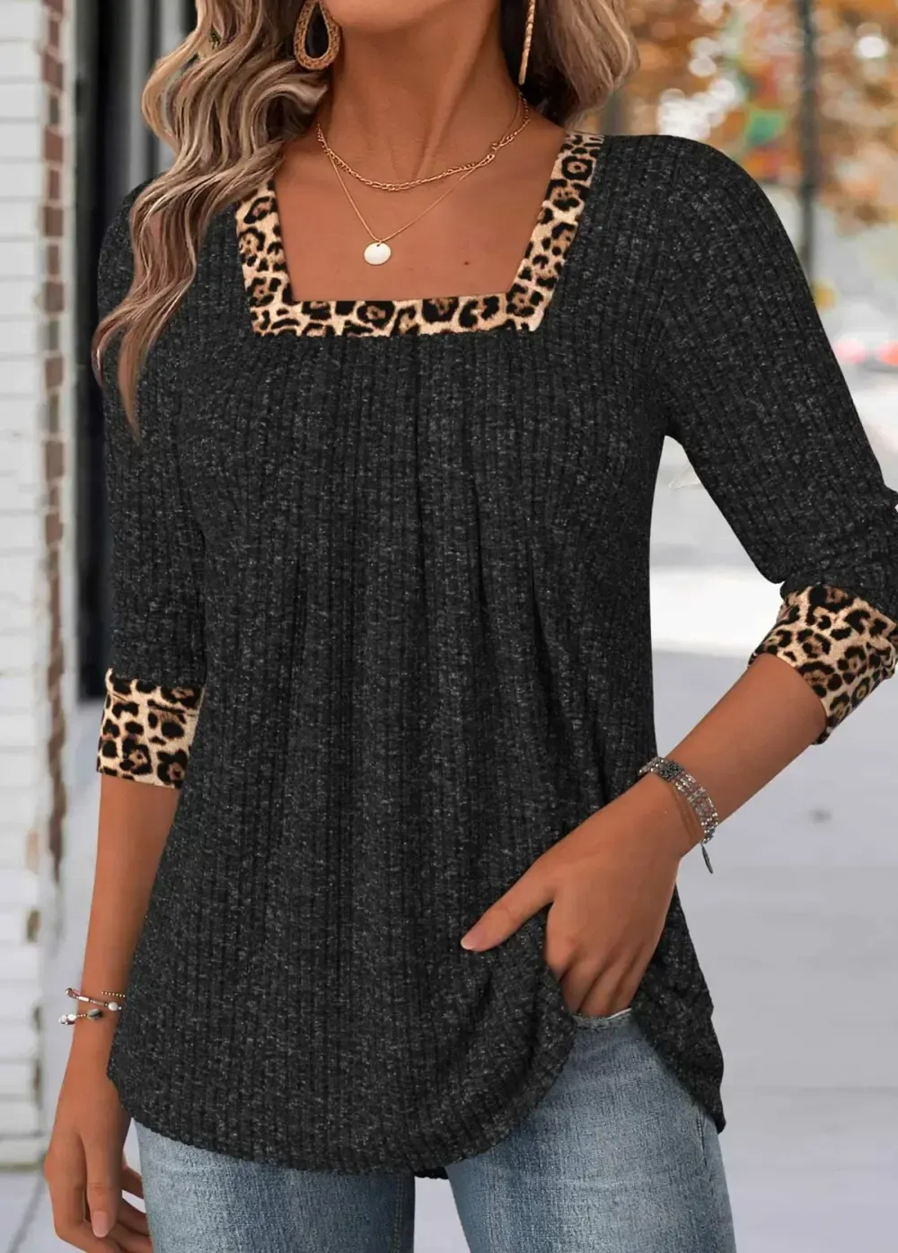 Black Leopard Long Sleeve Square Neck T Shirt
